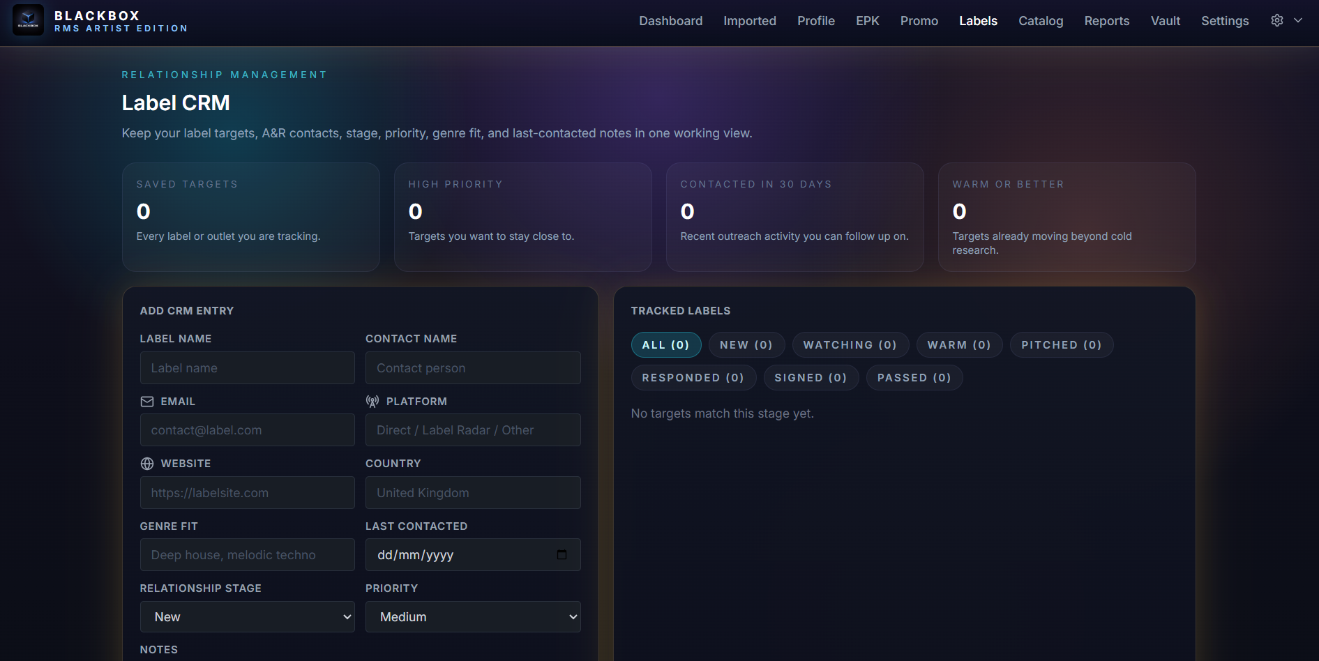 Blackbox RMS Artist Edition labels workspace