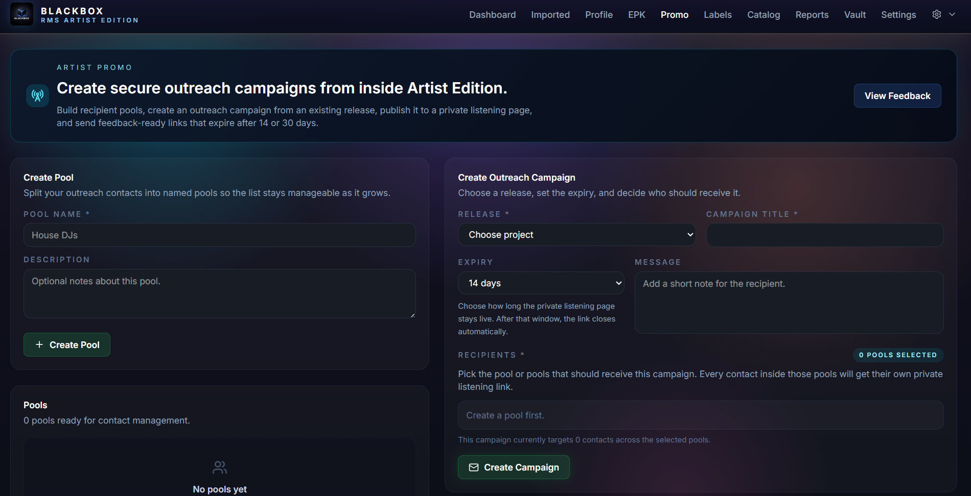 Blackbox RMS Artist Edition promo page