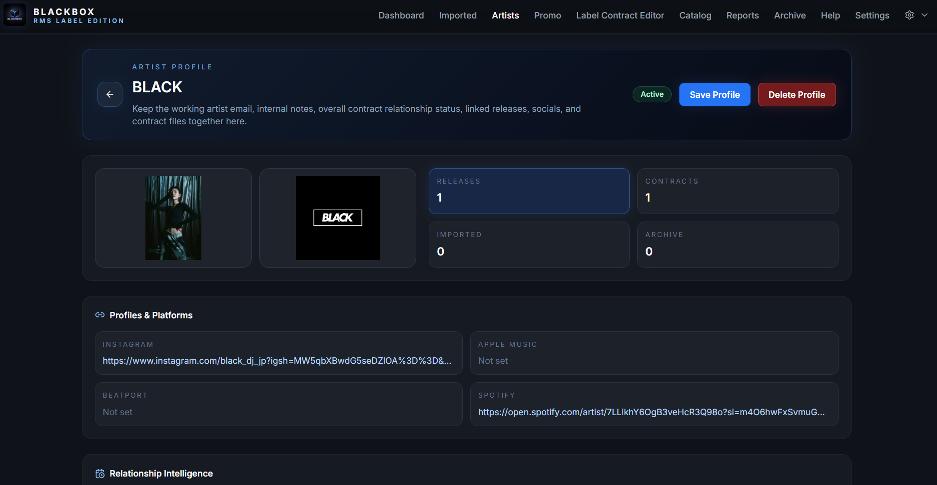 Blackbox RMS Label Edition artist profile detail