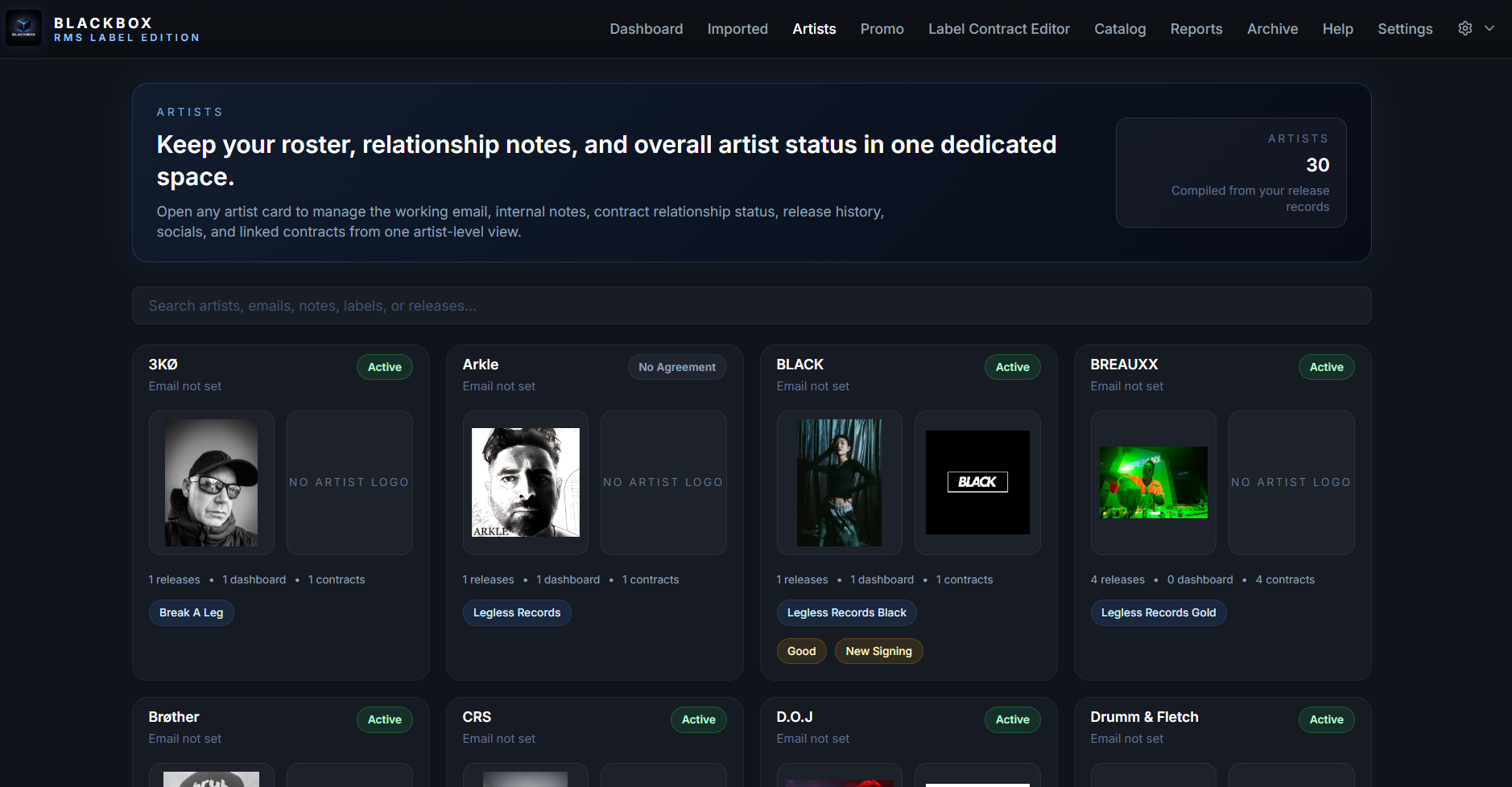 Blackbox RMS Label Edition artists page