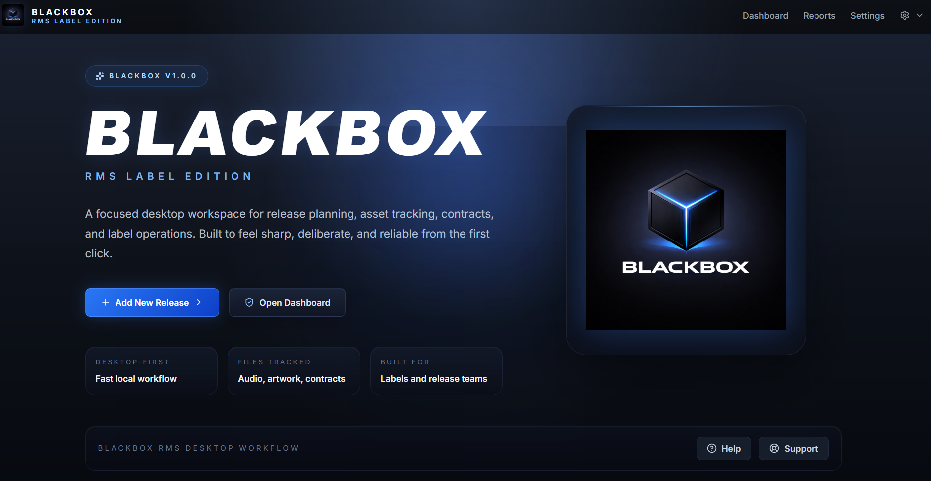 Blackbox RMS Label Edition home screen