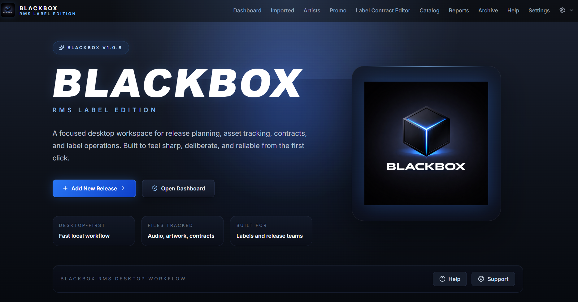 Blackbox RMS Label Edition home screen