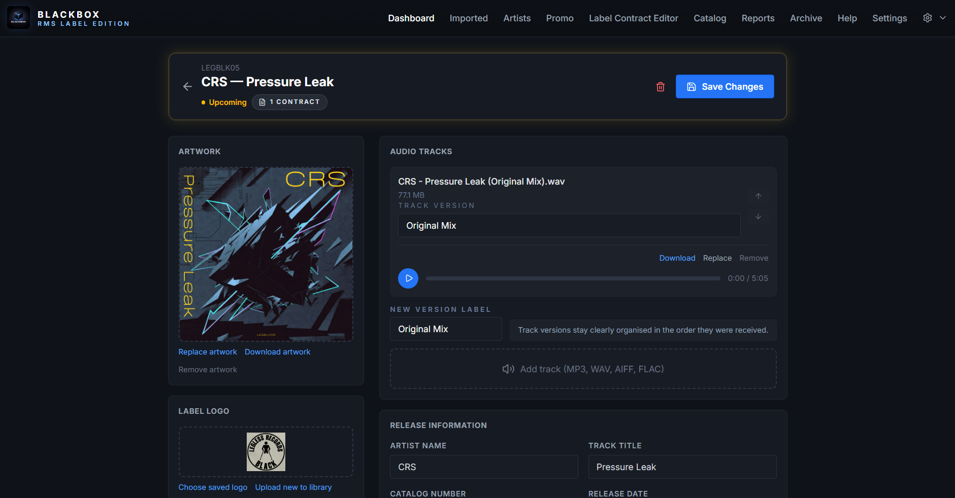 Blackbox RMS Label Edition release detail view